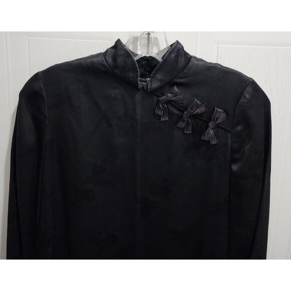 Vtg 70s Leslie J L/S Cheongsam Dress Asian Inspired Hummingbird Print Black 7/8 - Picture 2 of 14